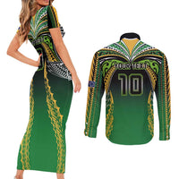 Custom Cook Islands Rugby League Couples Matching Short Sleeve Bodycon Dress and Long Sleeve Button Shirt Avaiki Tatau Tribal Motifs Black Color - Polynesian Pride