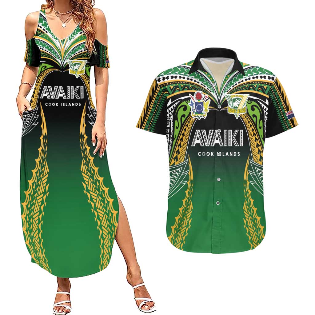 Custom Cook Islands Rugby League Couples Matching Summer Maxi Dress and Hawaiian Shirt Avaiki Tatau Tribal Motifs Black Color - Polynesian Pride