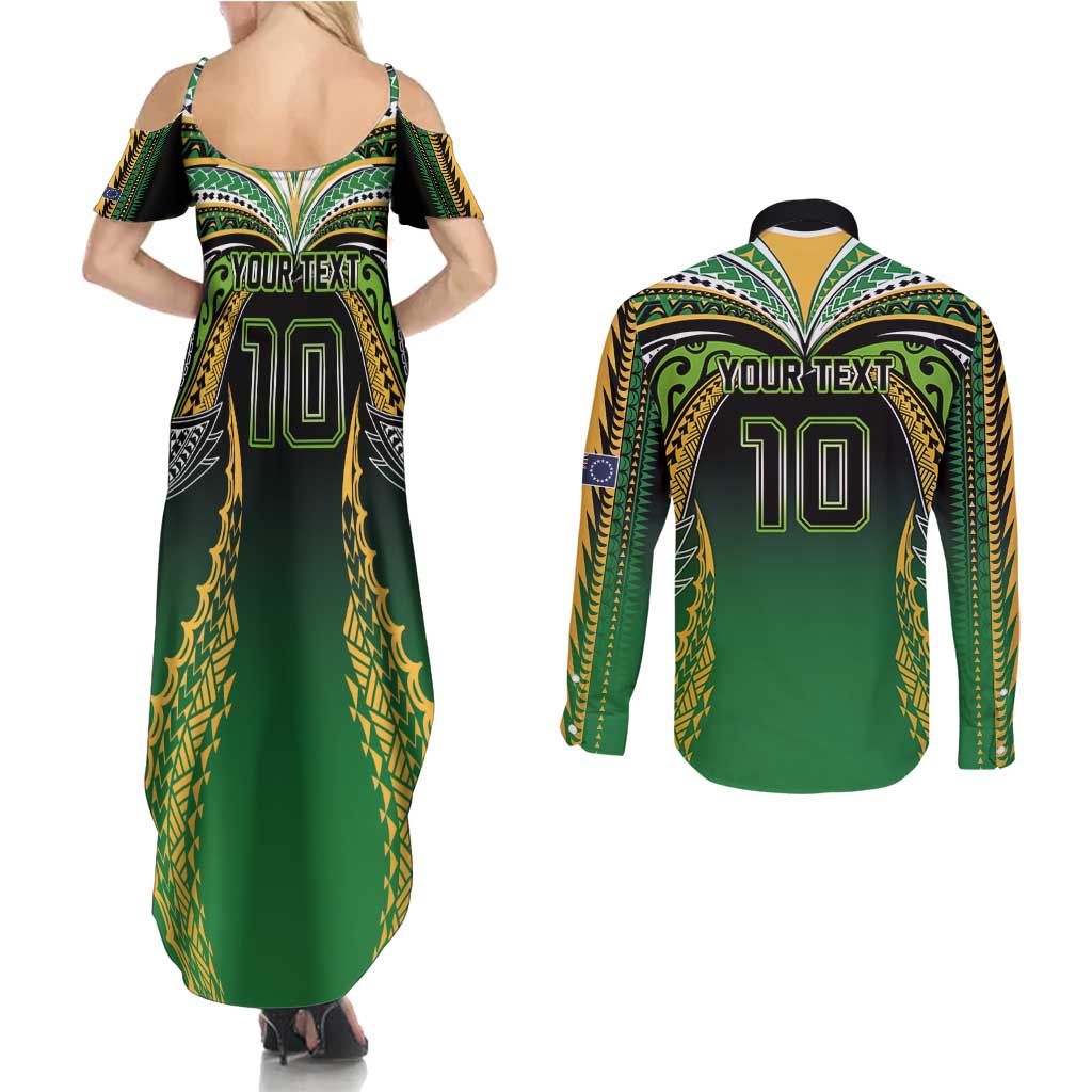 Custom Cook Islands Rugby League Couples Matching Summer Maxi Dress and Long Sleeve Button Shirt Avaiki Tatau Tribal Motifs Black Color - Polynesian Pride
