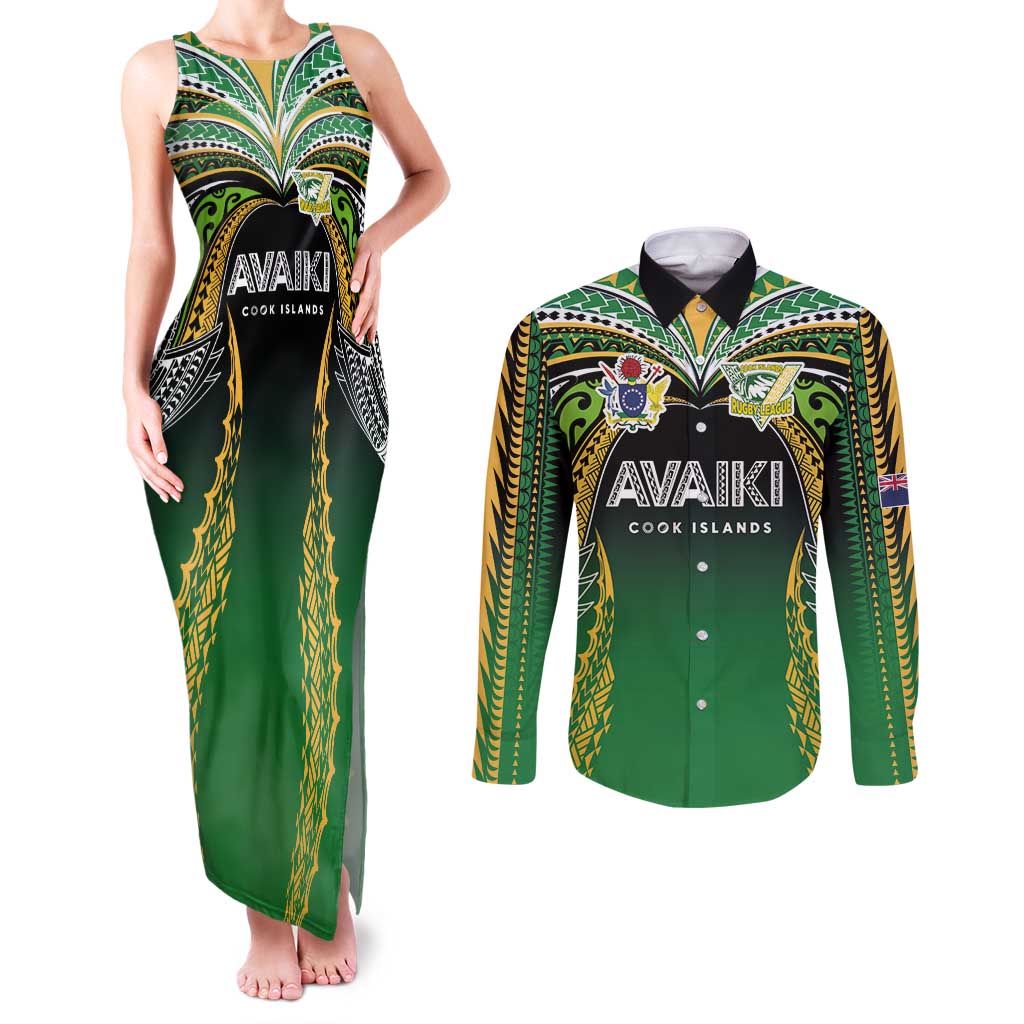 Custom Cook Islands Rugby League Couples Matching Tank Maxi Dress and Long Sleeve Button Shirt Avaiki Tatau Tribal Motifs Black Color - Polynesian Pride
