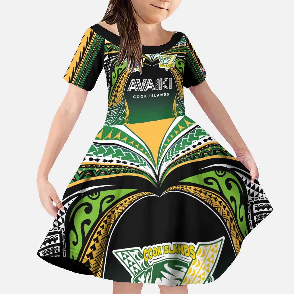 Custom Cook Islands Rugby League Family Matching Long Sleeve Bodycon Dress and Hawaiian Shirt Avaiki Tatau Tribal Motifs Black Color - Polynesian Pride