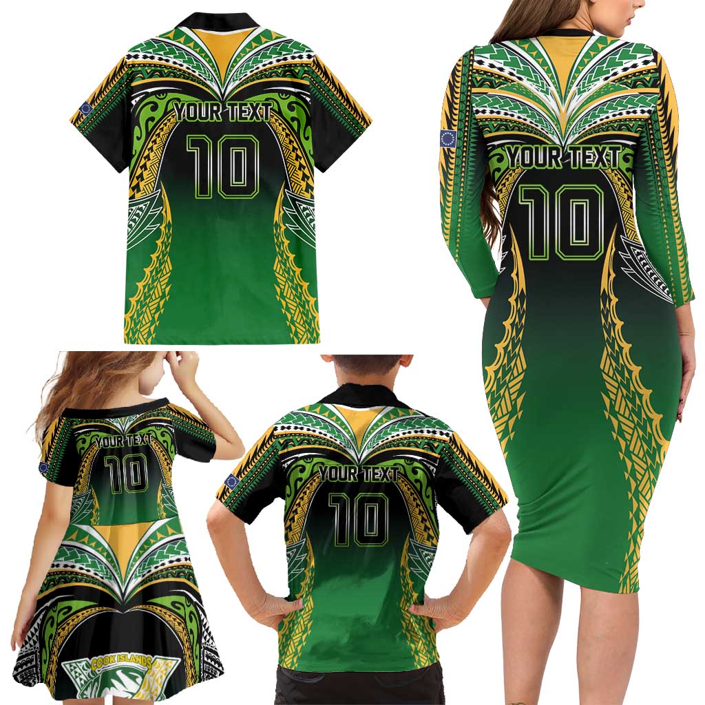 Custom Cook Islands Rugby League Family Matching Long Sleeve Bodycon Dress and Hawaiian Shirt Avaiki Tatau Tribal Motifs Black Color - Polynesian Pride