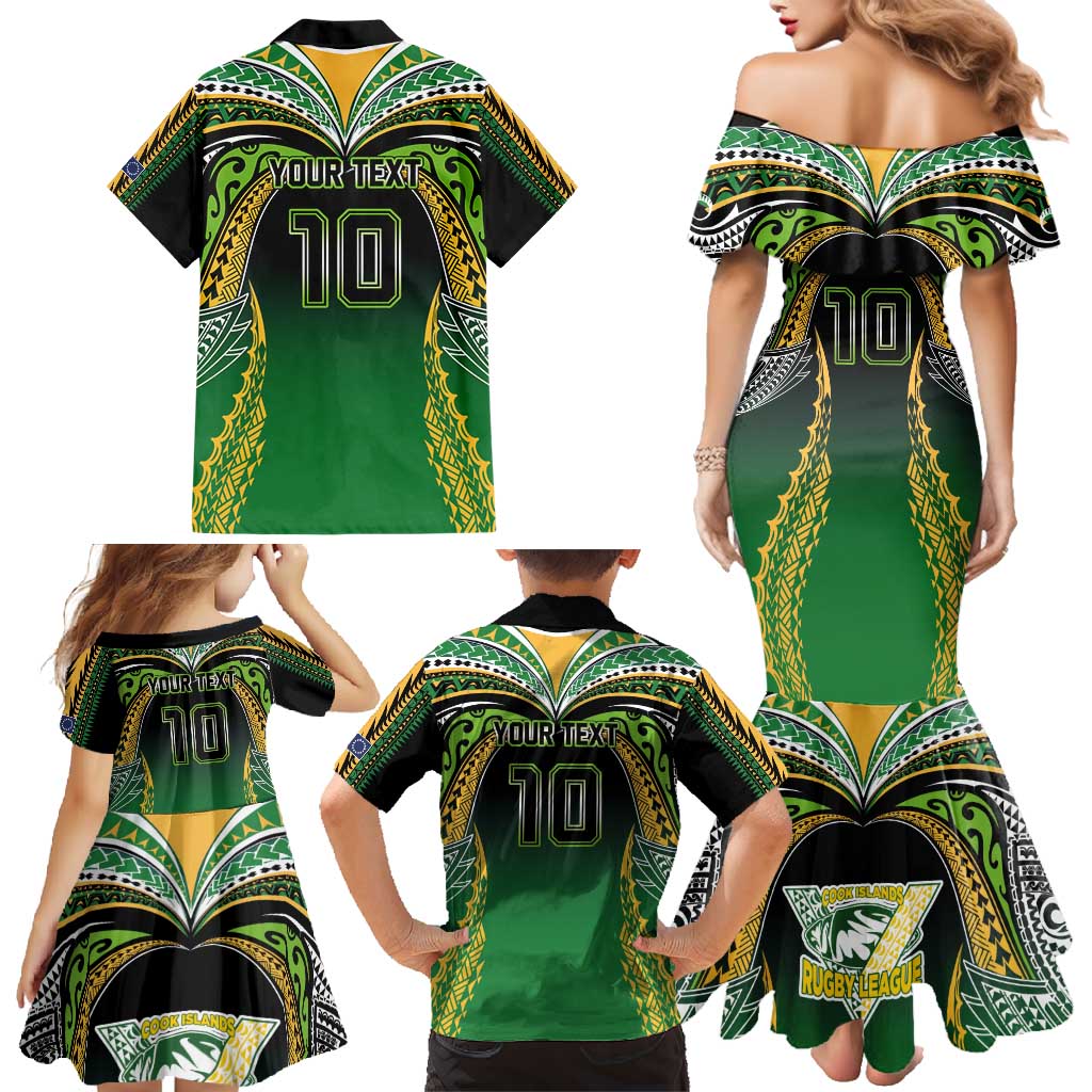Custom Cook Islands Rugby League Family Matching Mermaid Dress and Hawaiian Shirt Avaiki Tatau Tribal Motifs Black Color - Polynesian Pride