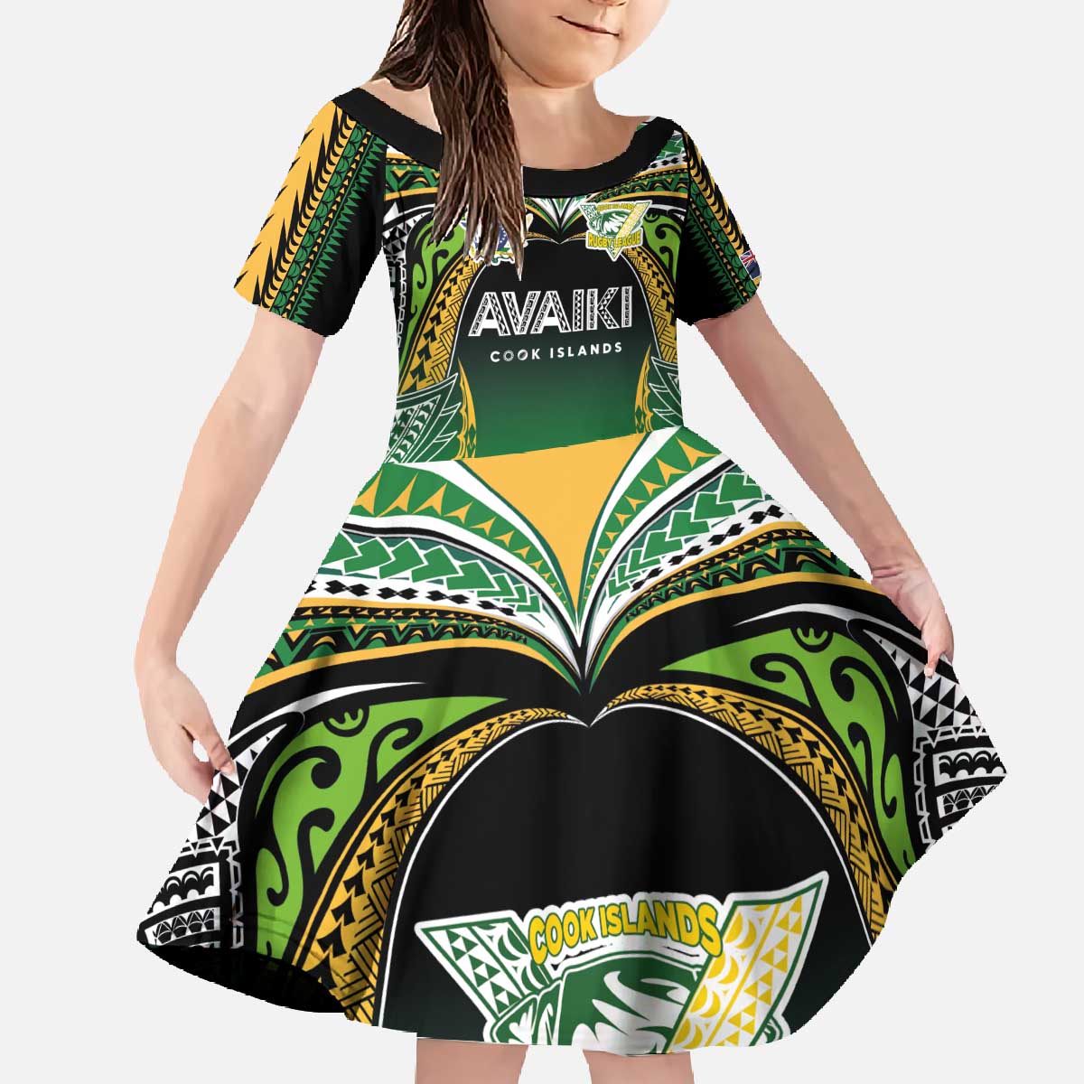 Custom Cook Islands Rugby League Family Matching Off The Shoulder Long Sleeve Dress and Hawaiian Shirt Avaiki Tatau Tribal Motifs Black Color - Polynesian Pride