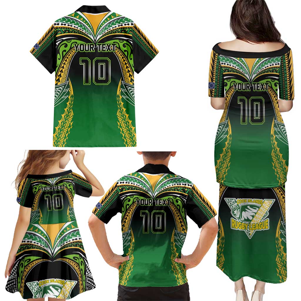Custom Cook Islands Rugby League Family Matching Puletasi and Hawaiian Shirt Avaiki Tatau Tribal Motifs Black Color - Polynesian Pride