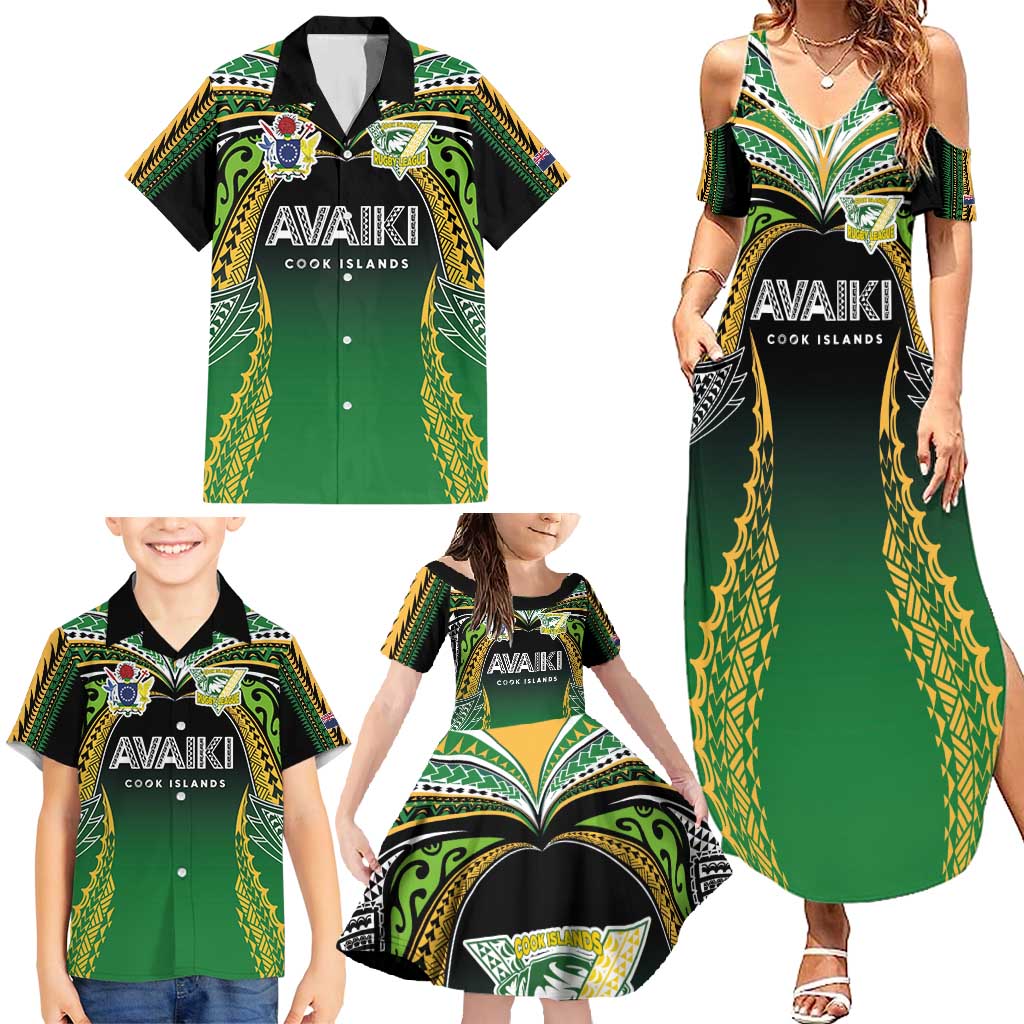 Custom Cook Islands Rugby League Family Matching Summer Maxi Dress and Hawaiian Shirt Avaiki Tatau Tribal Motifs Black Color - Polynesian Pride