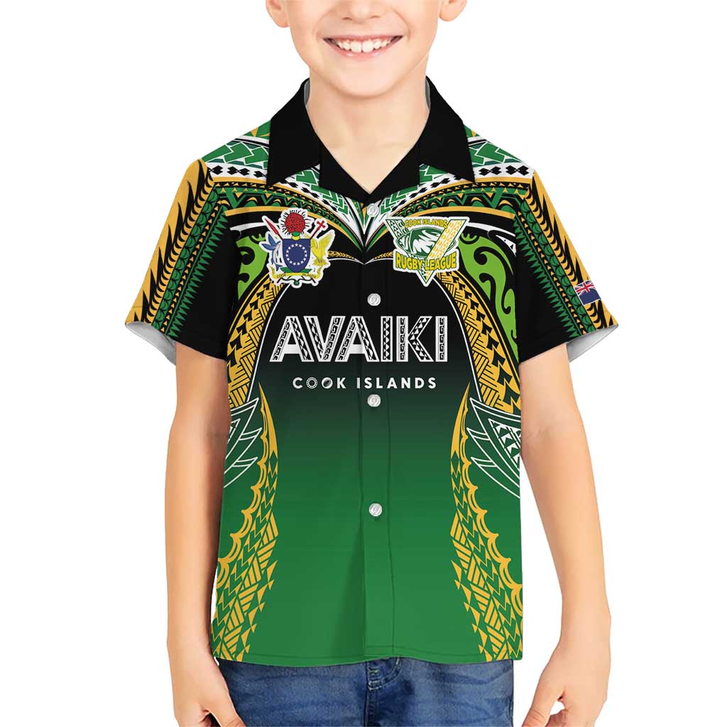 Custom Cook Islands Rugby League Kid Hawaiian Shirt Avaiki Tatau Tribal Motifs Black Color - Polynesian Pride