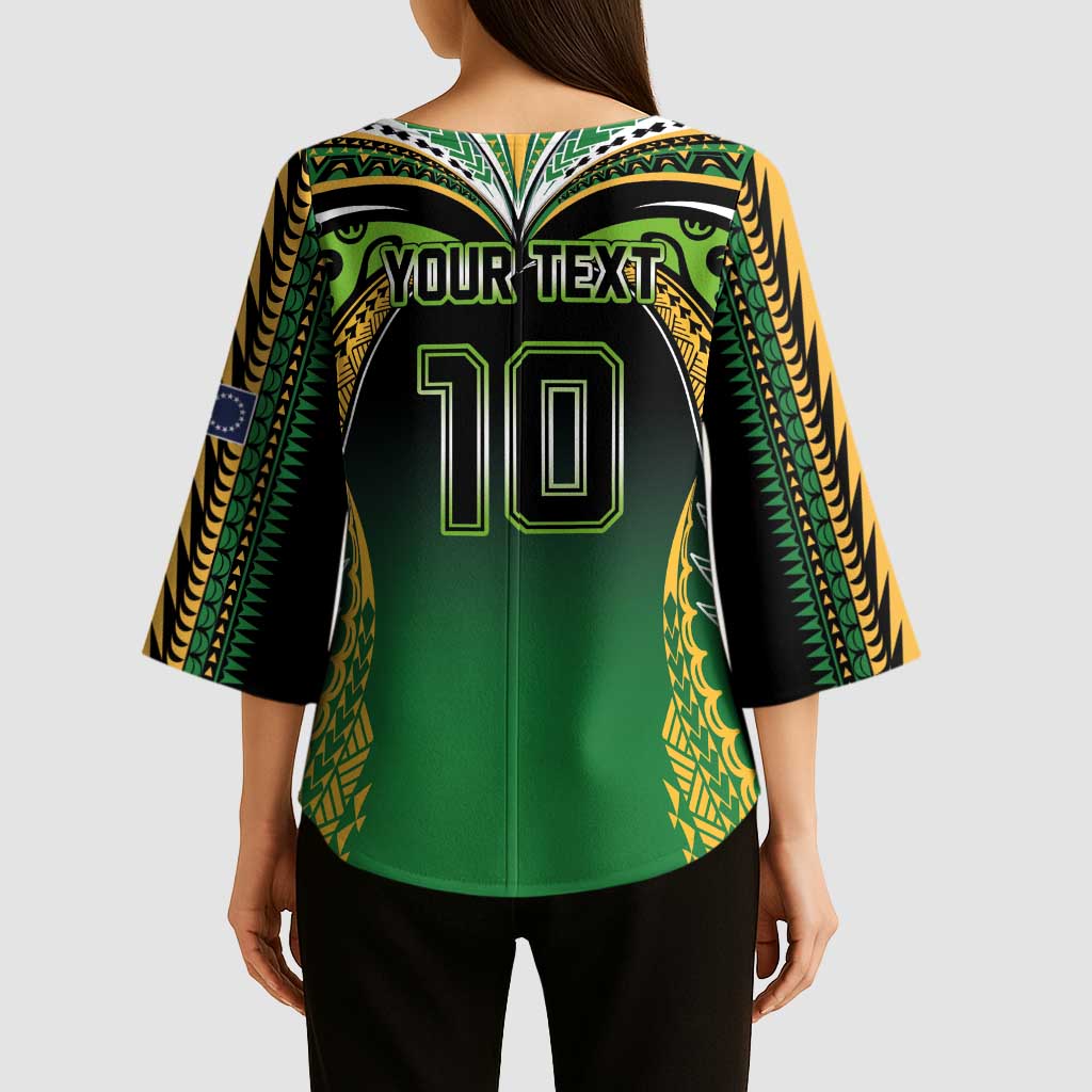 Custom Cook Islands Rugby League Kimono Sleeve Blouse Avaiki Tatau Tribal Motifs Black Color - Polynesian Pride