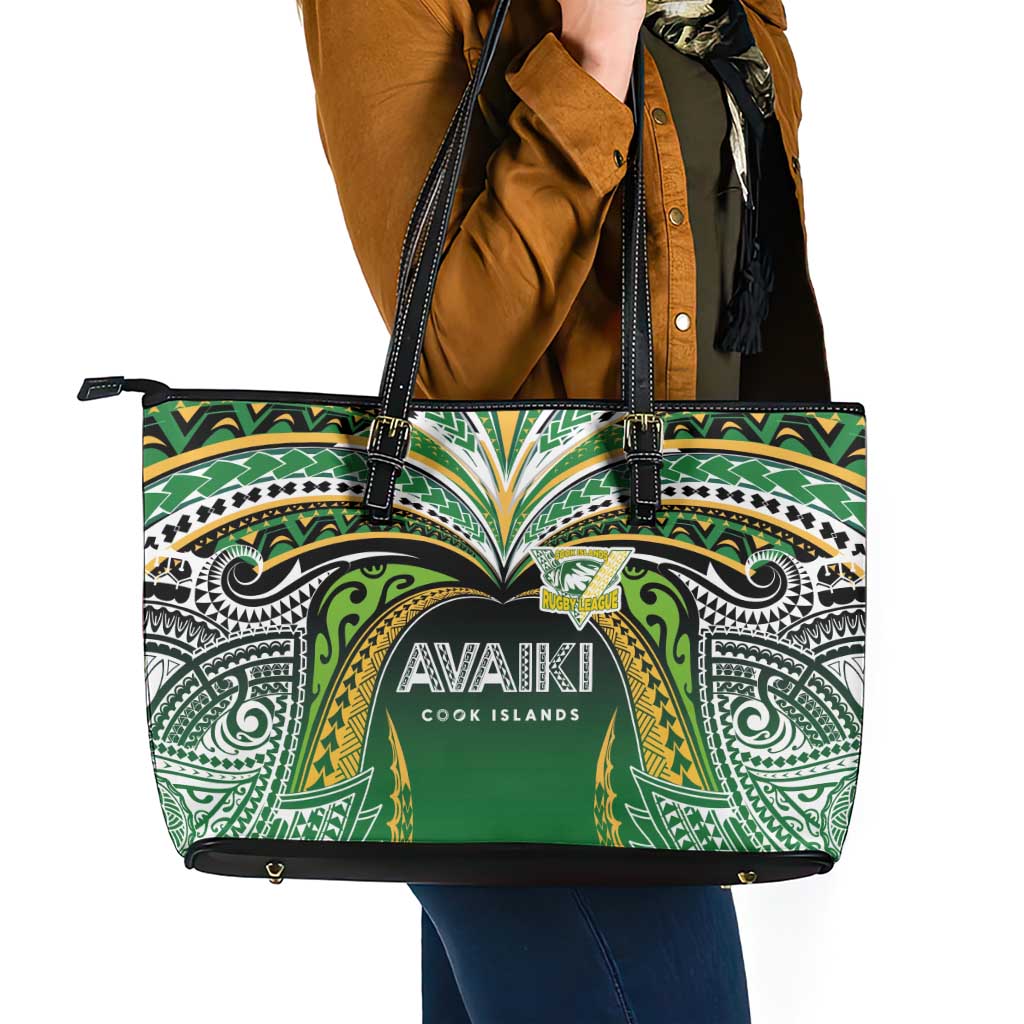 Cook Islands Rugby League Leather Tote Bag Avaiki Tatau Tribal Motifs Black Color - Polynesian Pride