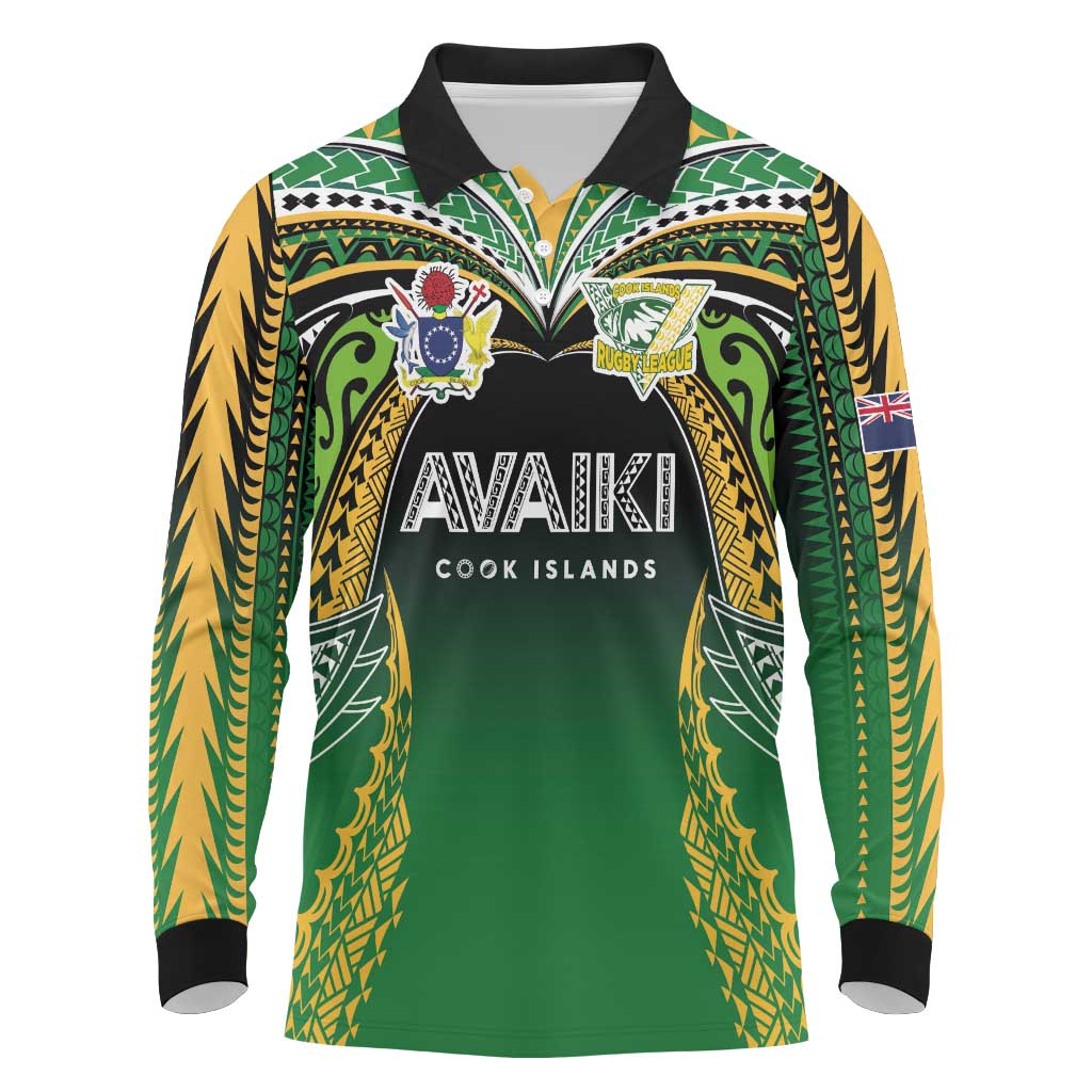 Custom Cook Islands Rugby League Long Sleeve Polo Shirt Avaiki Tatau Tribal Motifs Black Color - Polynesian Pride