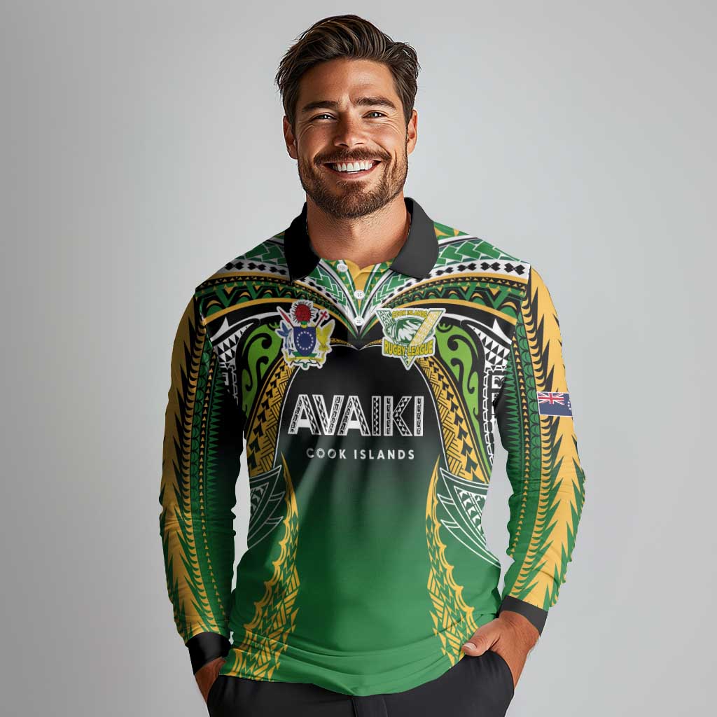 Custom Cook Islands Rugby League Long Sleeve Polo Shirt Avaiki Tatau Tribal Motifs Black Color - Polynesian Pride