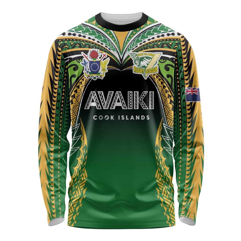 Custom Cook Islands Rugby League Long Sleeve Shirt Avaiki Tatau Tribal Motifs Black Color - Polynesian Pride