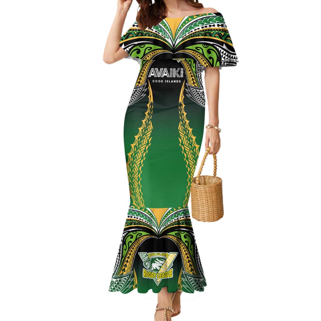 Custom Cook Islands Rugby League Mermaid Dress Avaiki Tatau Tribal Motifs Black Color - Polynesian Pride