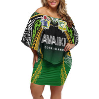 Custom Cook Islands Rugby League Off Shoulder Short Dress Avaiki Tatau Tribal Motifs Black Color - Polynesian Pride