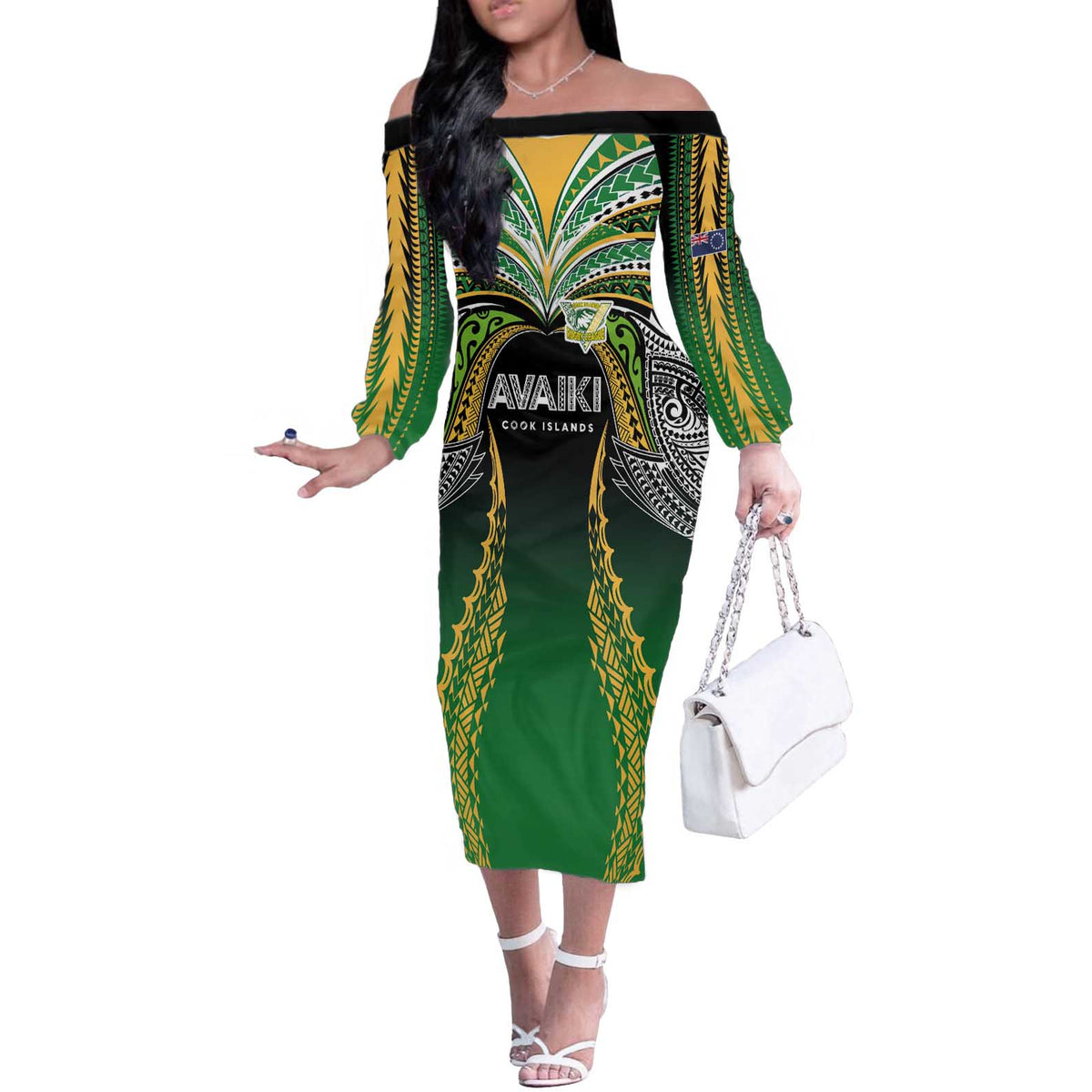 Custom Cook Islands Rugby League Off The Shoulder Long Sleeve Dress Avaiki Tatau Tribal Motifs Black Color - Polynesian Pride
