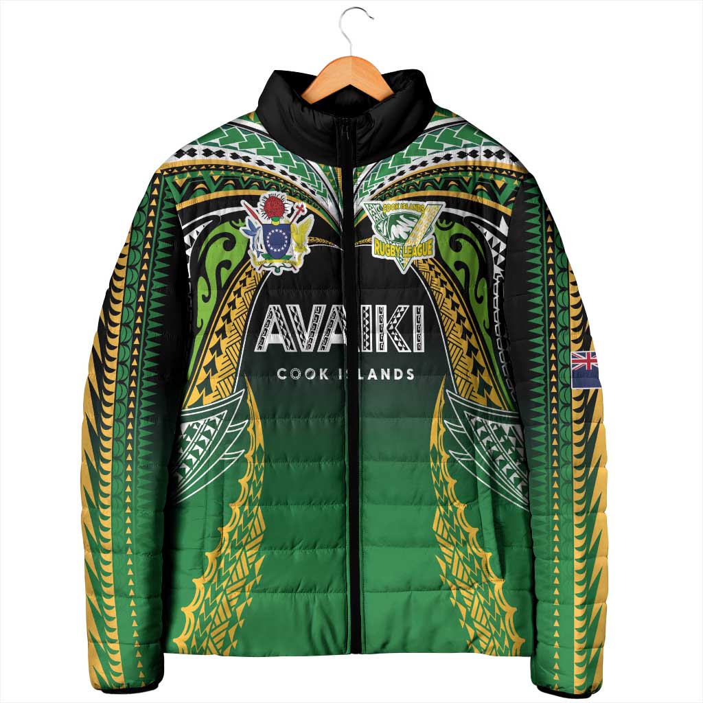 Custom Cook Islands Rugby League Padded Jacket Avaiki Tatau Tribal Motifs Black Color - Polynesian Pride