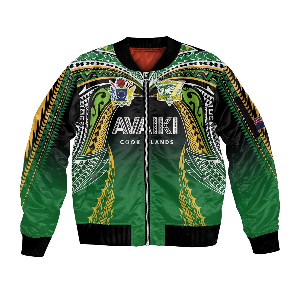 Custom Cook Islands Rugby League Sleeve Zip Bomber Jacket Avaiki Tatau Tribal Motifs Black Color - Polynesian Pride