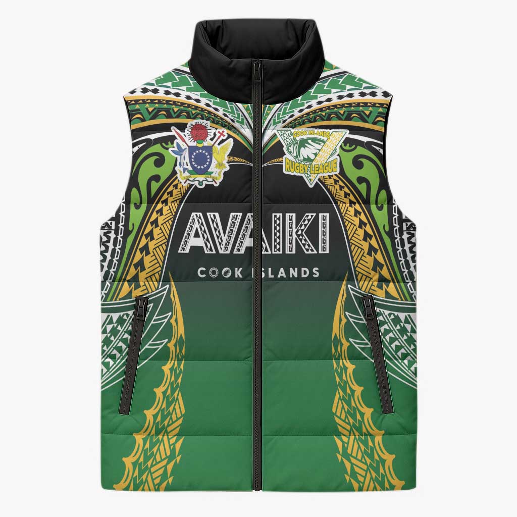 Custom Cook Islands Rugby League Sleeveless Puffer Jacket Avaiki Tatau Tribal Motifs Black Color - Polynesian Pride