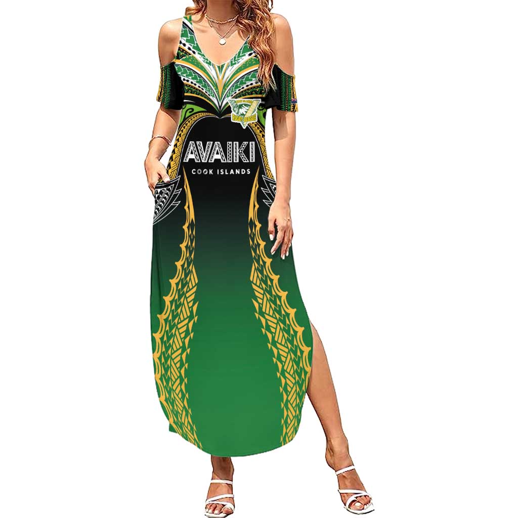 Custom Cook Islands Rugby League Summer Maxi Dress Avaiki Tatau Tribal Motifs Black Color - Polynesian Pride