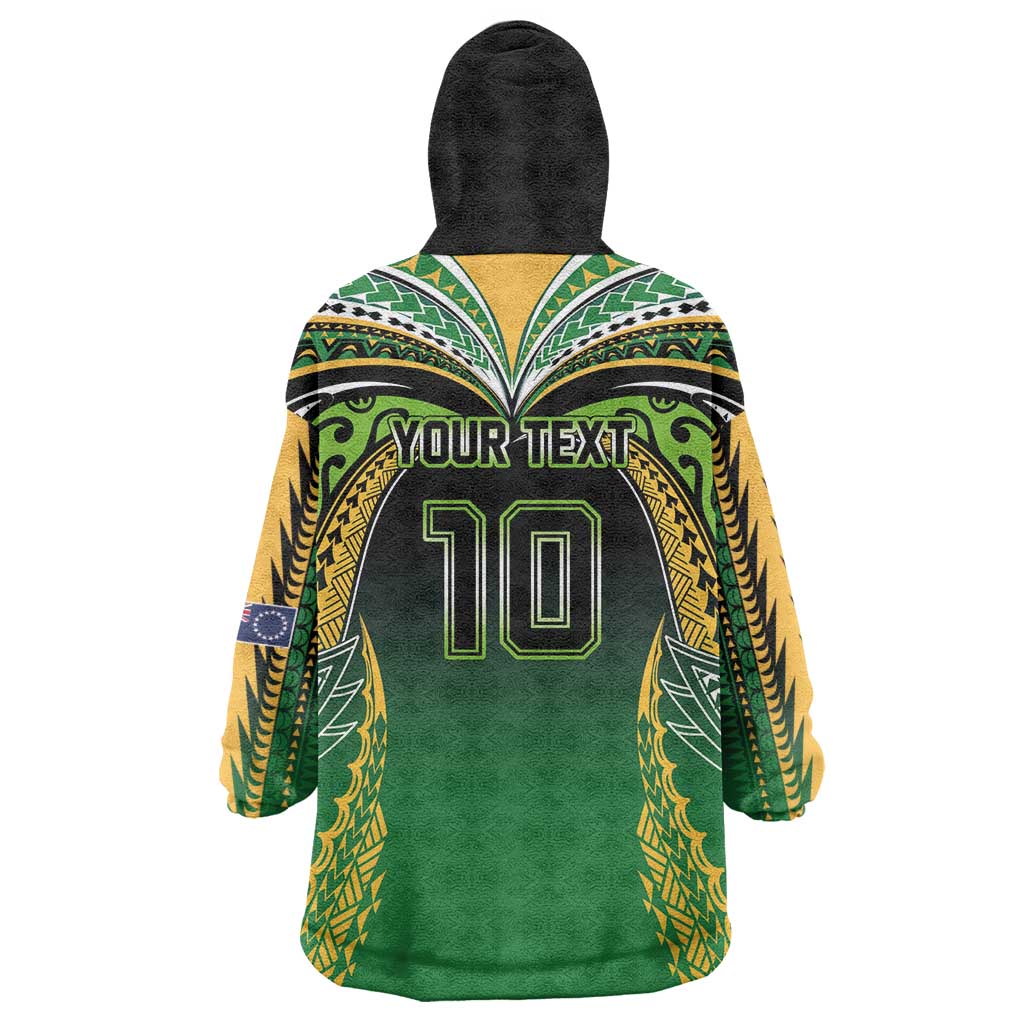 Custom Cook Islands Rugby League Wearable Blanket Hoodie Avaiki Tatau Tribal Motifs Black Color - Polynesian Pride