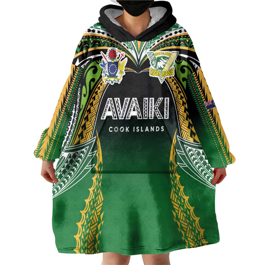 Custom Cook Islands Rugby League Wearable Blanket Hoodie Avaiki Tatau Tribal Motifs Black Color - Polynesian Pride