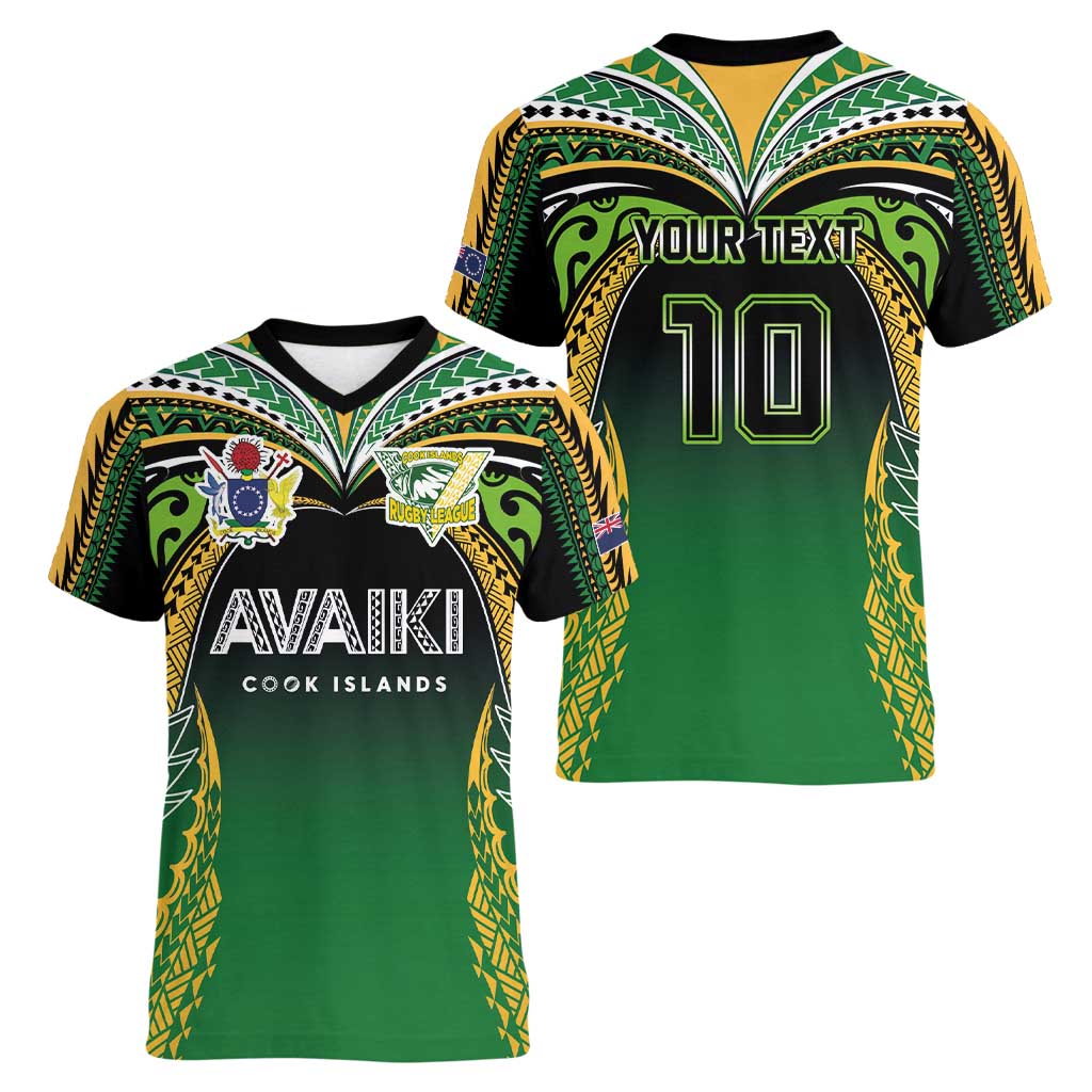Custom Cook Islands Rugby League Women V-Neck T-Shirt Avaiki Tatau Tribal Motifs Black Color - Polynesian Pride