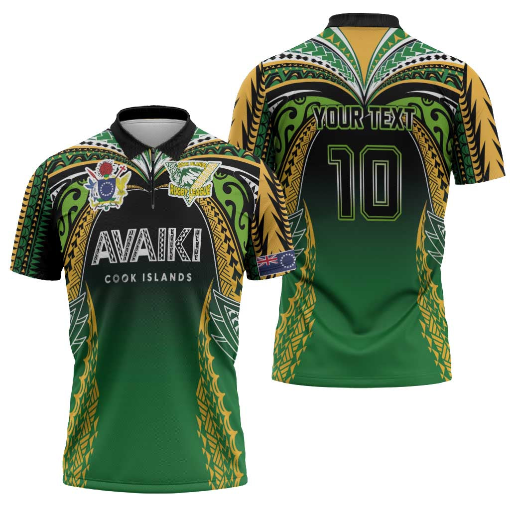 Custom Cook Islands Rugby League Zipper Polo Shirt Avaiki Tatau Tribal Motifs Black Color - Polynesian Pride