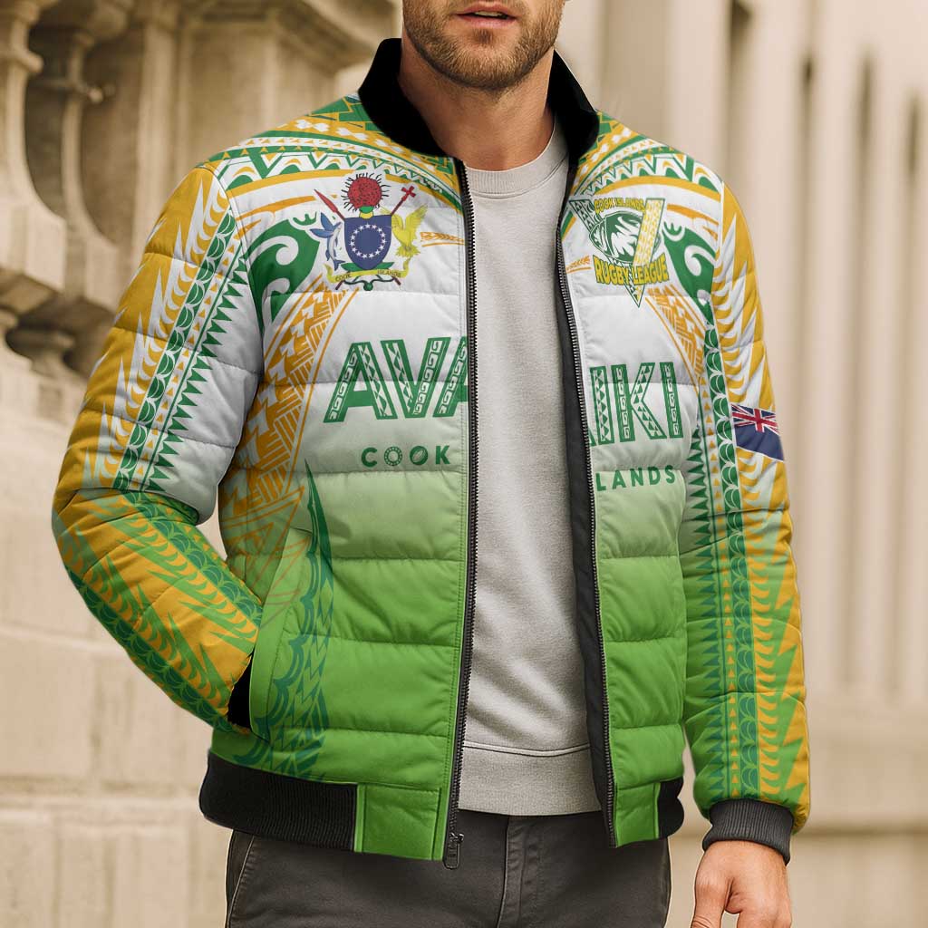Custom Cook Islands Rugby League Bomber Puffer Jacket Avaiki Tatau Tribal Motifs White Color - Polynesian Pride