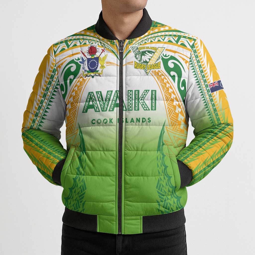Custom Cook Islands Rugby League Bomber Puffer Jacket Avaiki Tatau Tribal Motifs White Color - Polynesian Pride
