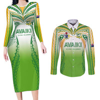 Custom Cook Islands Rugby League Couples Matching Long Sleeve Bodycon Dress and Long Sleeve Button Shirt Avaiki Tatau Tribal Motifs White Color - Polynesian Pride