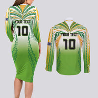 Custom Cook Islands Rugby League Couples Matching Long Sleeve Bodycon Dress and Long Sleeve Button Shirt Avaiki Tatau Tribal Motifs White Color - Polynesian Pride