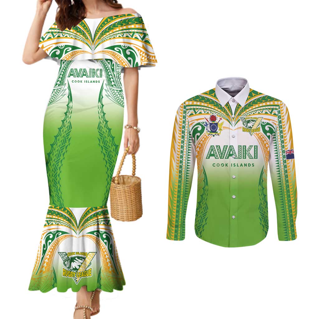 Custom Cook Islands Rugby League Couples Matching Mermaid Dress and Long Sleeve Button Shirt Avaiki Tatau Tribal Motifs White Color - Polynesian Pride