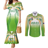 Custom Cook Islands Rugby League Couples Matching Mermaid Dress and Long Sleeve Button Shirt Avaiki Tatau Tribal Motifs White Color - Polynesian Pride