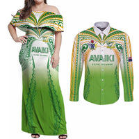 Custom Cook Islands Rugby League Couples Matching Off Shoulder Maxi Dress and Long Sleeve Button Shirt Avaiki Tatau Tribal Motifs White Color - Polynesian Pride