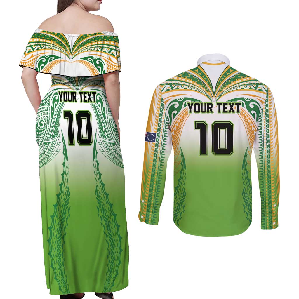 Custom Cook Islands Rugby League Couples Matching Off Shoulder Maxi Dress and Long Sleeve Button Shirt Avaiki Tatau Tribal Motifs White Color - Polynesian Pride