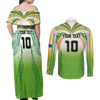 Custom Cook Islands Rugby League Couples Matching Off Shoulder Maxi Dress and Long Sleeve Button Shirt Avaiki Tatau Tribal Motifs White Color - Polynesian Pride