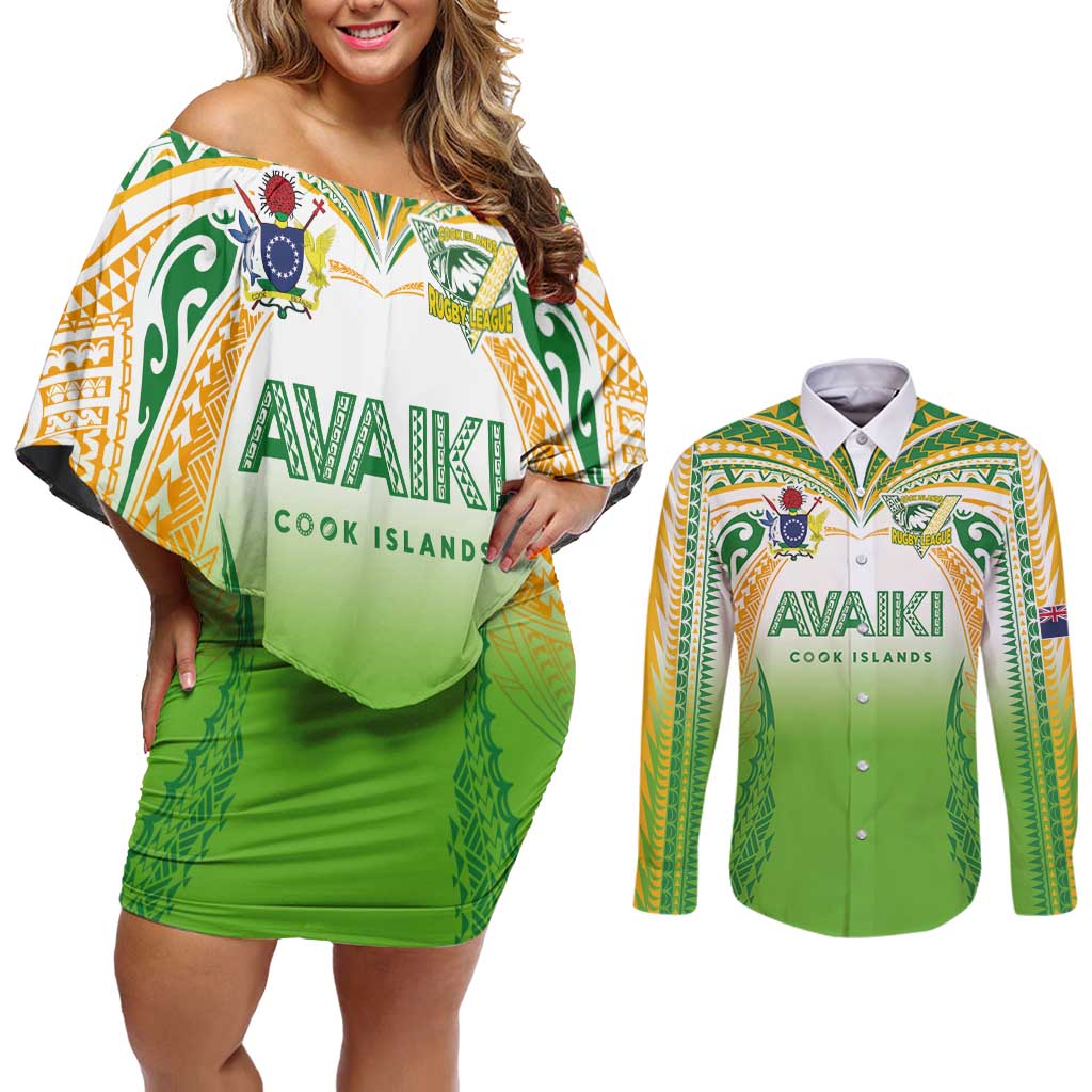 Custom Cook Islands Rugby League Couples Matching Off Shoulder Short Dress and Long Sleeve Button Shirt Avaiki Tatau Tribal Motifs White Color - Polynesian Pride