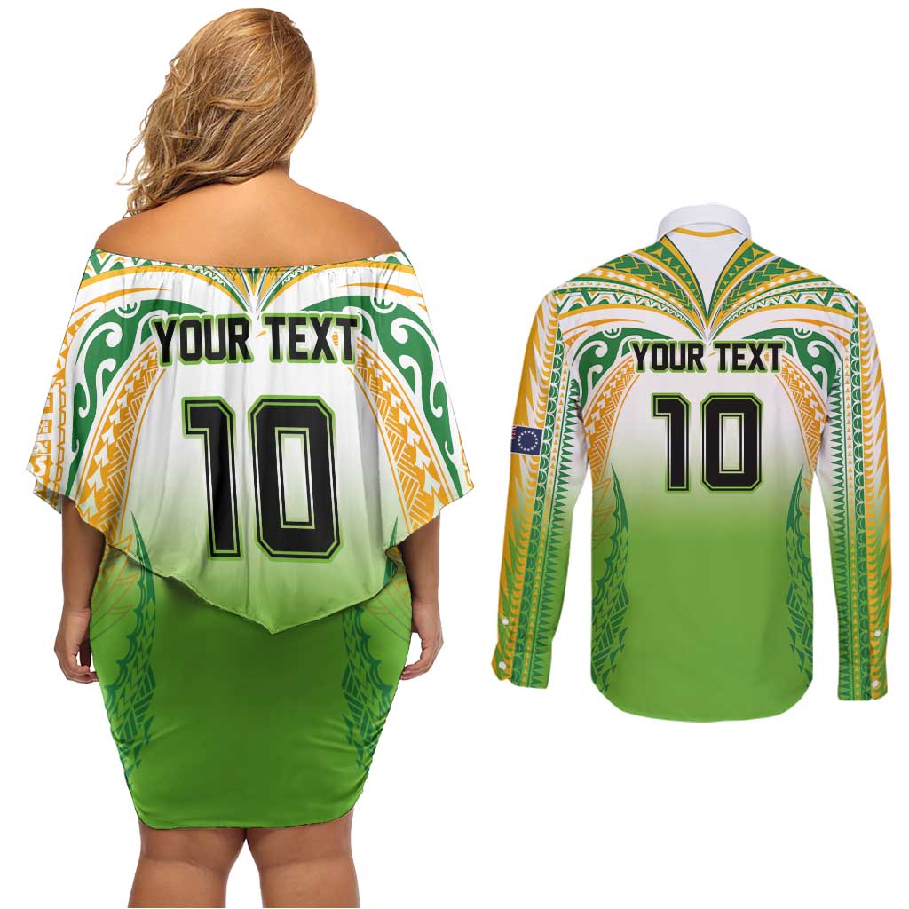 Custom Cook Islands Rugby League Couples Matching Off Shoulder Short Dress and Long Sleeve Button Shirt Avaiki Tatau Tribal Motifs White Color - Polynesian Pride