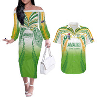 Custom Cook Islands Rugby League Couples Matching Off The Shoulder Long Sleeve Dress and Hawaiian Shirt Avaiki Tatau Tribal Motifs White Color - Polynesian Pride