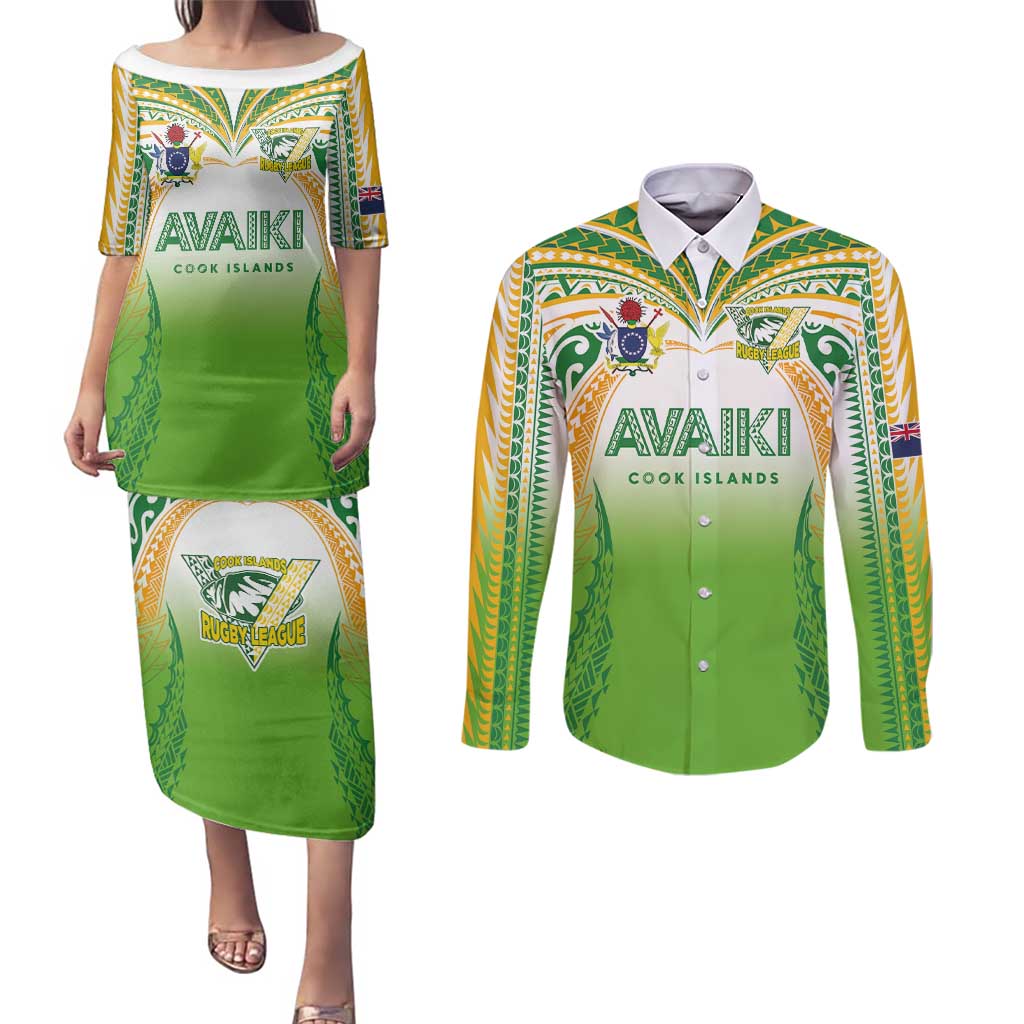Custom Cook Islands Rugby League Couples Matching Puletasi and Long Sleeve Button Shirt Avaiki Tatau Tribal Motifs White Color - Polynesian Pride