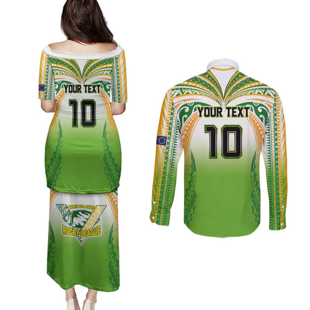 Custom Cook Islands Rugby League Couples Matching Puletasi and Long Sleeve Button Shirt Avaiki Tatau Tribal Motifs White Color - Polynesian Pride