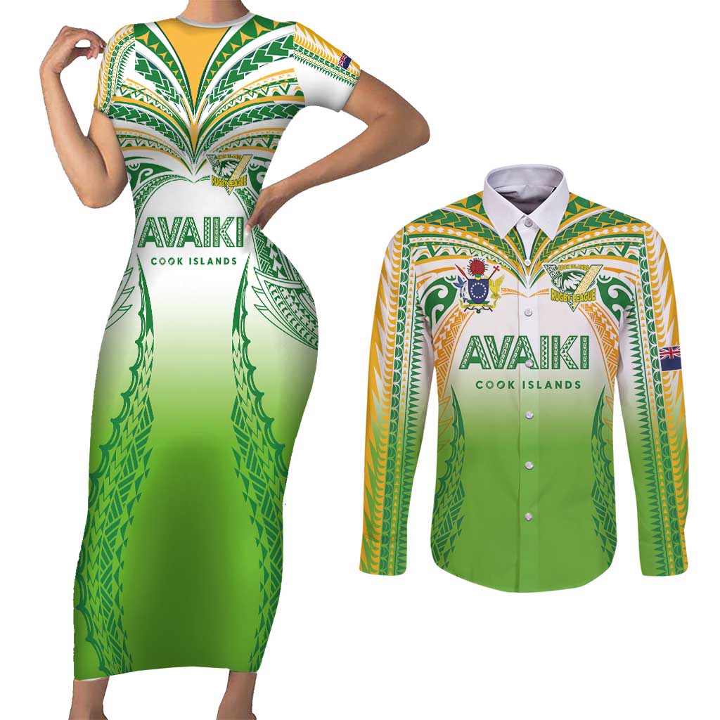 Custom Cook Islands Rugby League Couples Matching Short Sleeve Bodycon Dress and Long Sleeve Button Shirt Avaiki Tatau Tribal Motifs White Color - Polynesian Pride