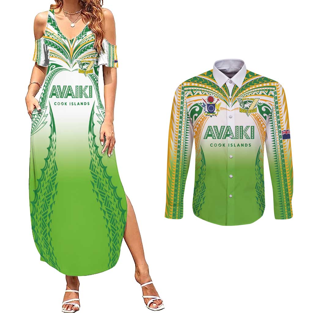 Custom Cook Islands Rugby League Couples Matching Summer Maxi Dress and Long Sleeve Button Shirt Avaiki Tatau Tribal Motifs White Color - Polynesian Pride