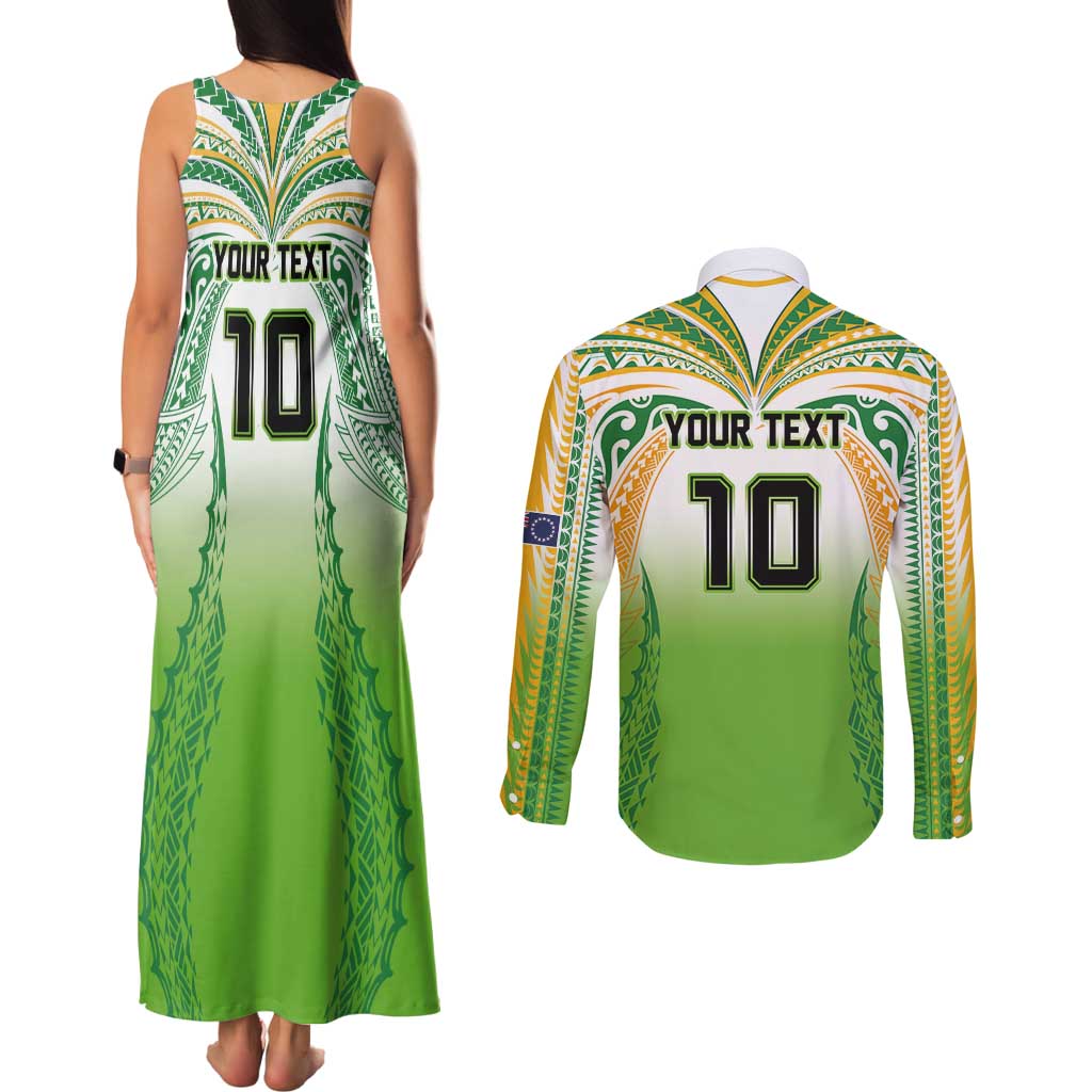 Custom Cook Islands Rugby League Couples Matching Tank Maxi Dress and Long Sleeve Button Shirt Avaiki Tatau Tribal Motifs White Color - Polynesian Pride