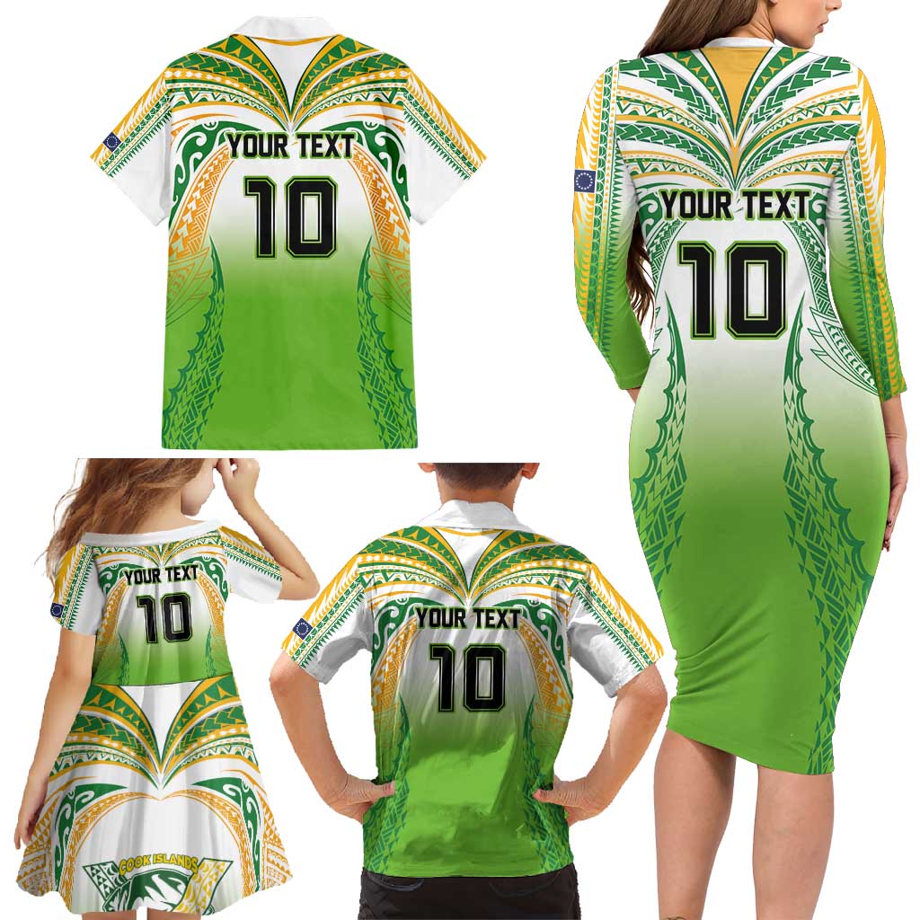 Custom Cook Islands Rugby League Family Matching Long Sleeve Bodycon Dress and Hawaiian Shirt Avaiki Tatau Tribal Motifs White Color - Polynesian Pride