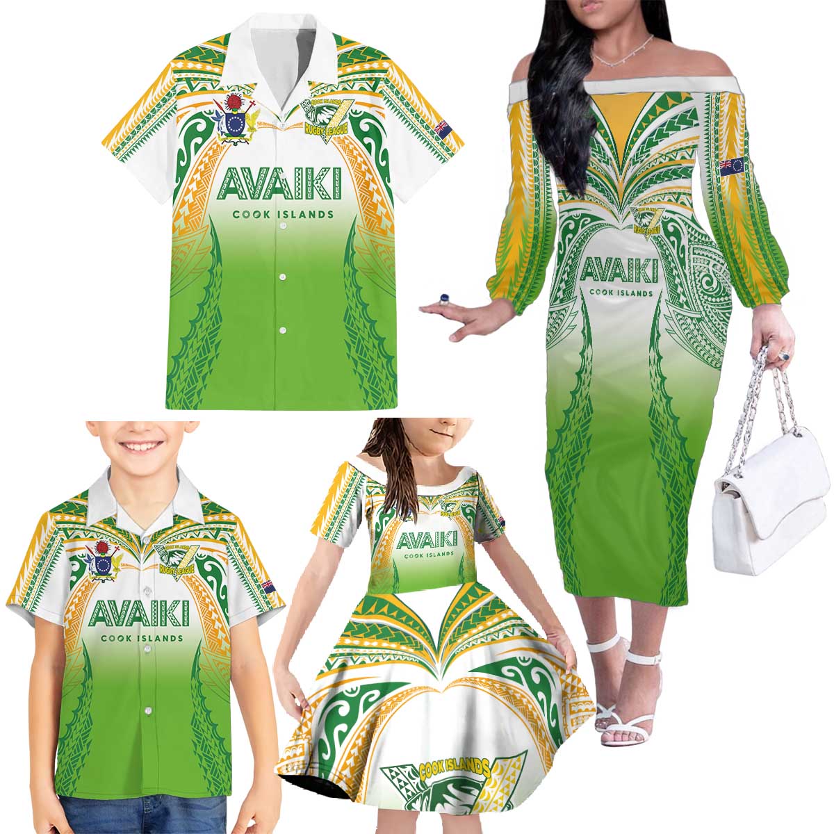 Custom Cook Islands Rugby League Family Matching Off The Shoulder Long Sleeve Dress and Hawaiian Shirt Avaiki Tatau Tribal Motifs White Color - Polynesian Pride