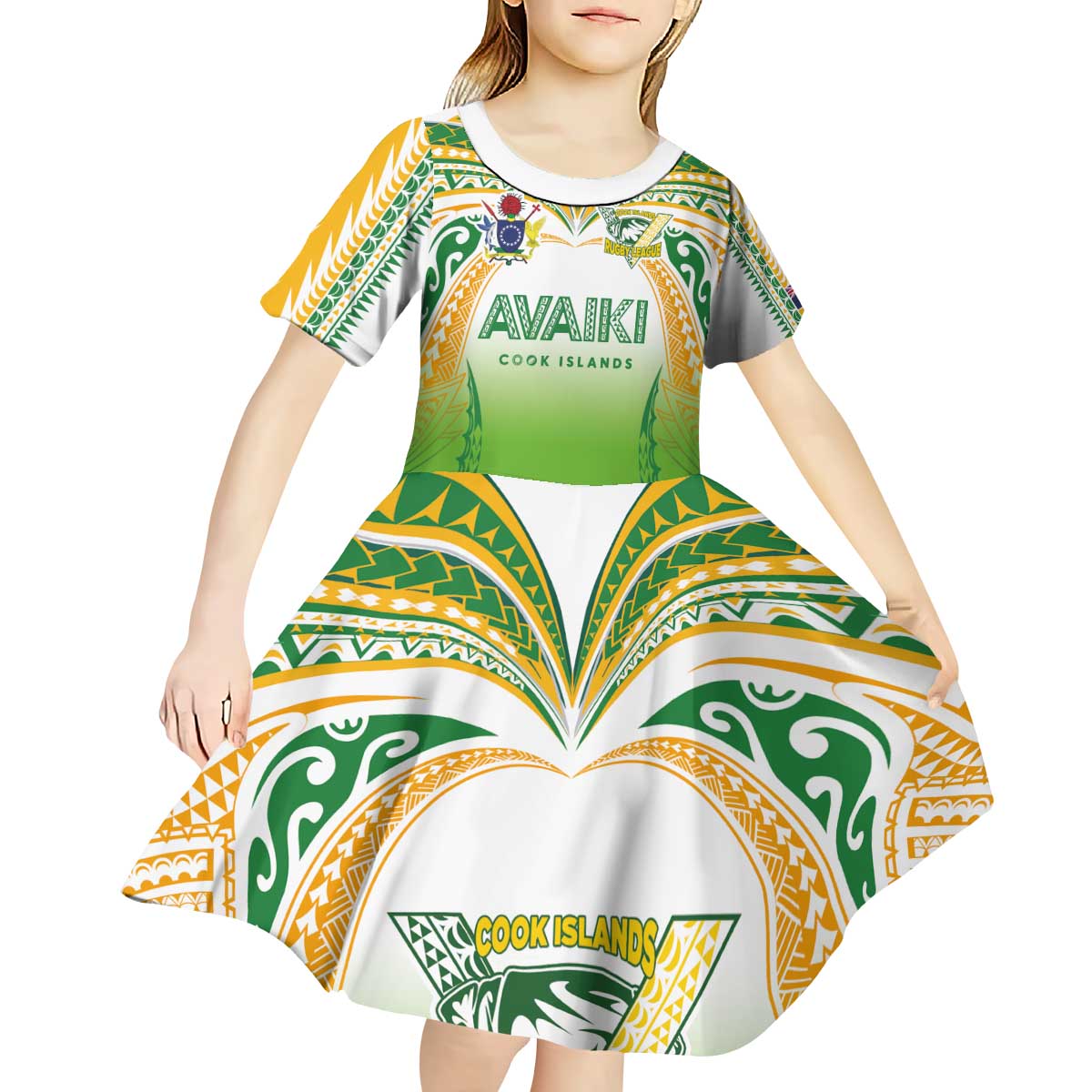 Custom Cook Islands Rugby League Kid Short Sleeve Dress Avaiki Tatau Tribal Motifs White Color - Polynesian Pride