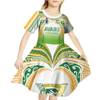 Custom Cook Islands Rugby League Kid Short Sleeve Dress Avaiki Tatau Tribal Motifs White Color - Polynesian Pride
