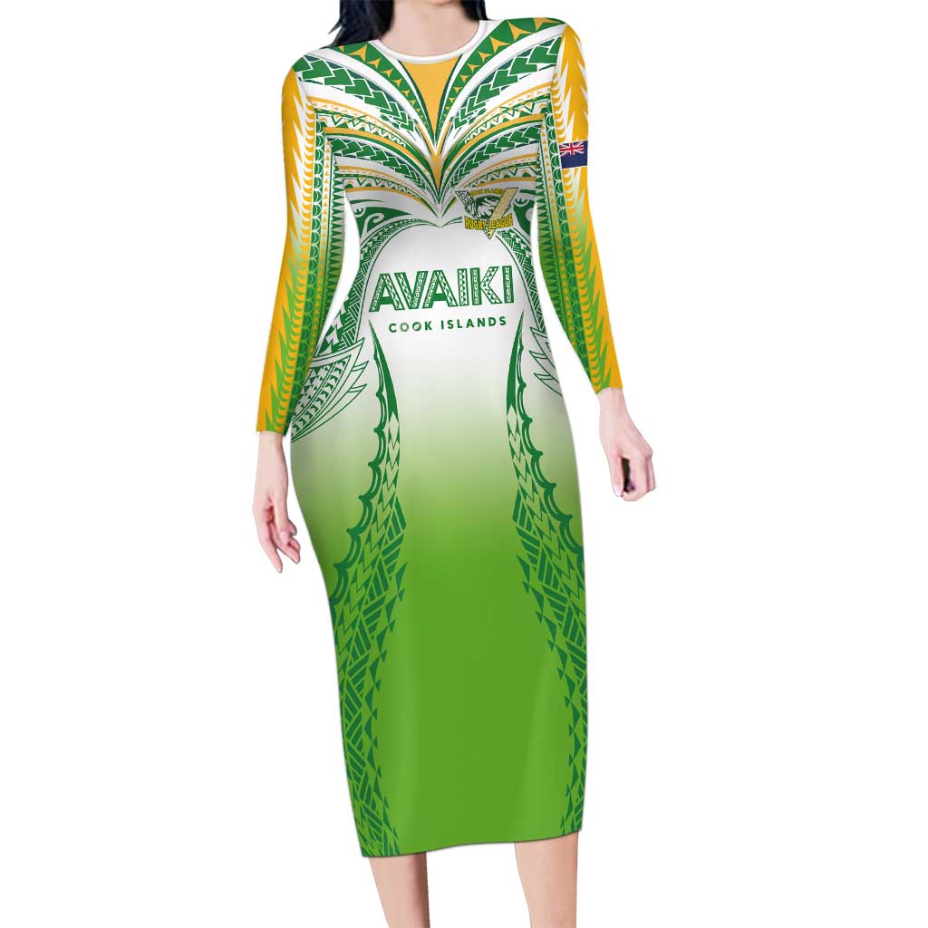 Custom Cook Islands Rugby League Long Sleeve Bodycon Dress Avaiki Tatau Tribal Motifs White Color - Polynesian Pride