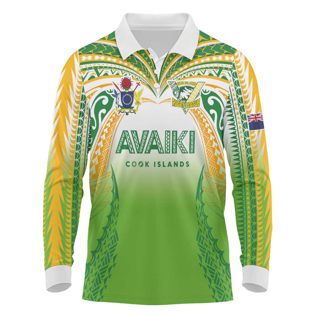 Custom Cook Islands Rugby League Long Sleeve Polo Shirt Avaiki Tatau Tribal Motifs White Color - Polynesian Pride